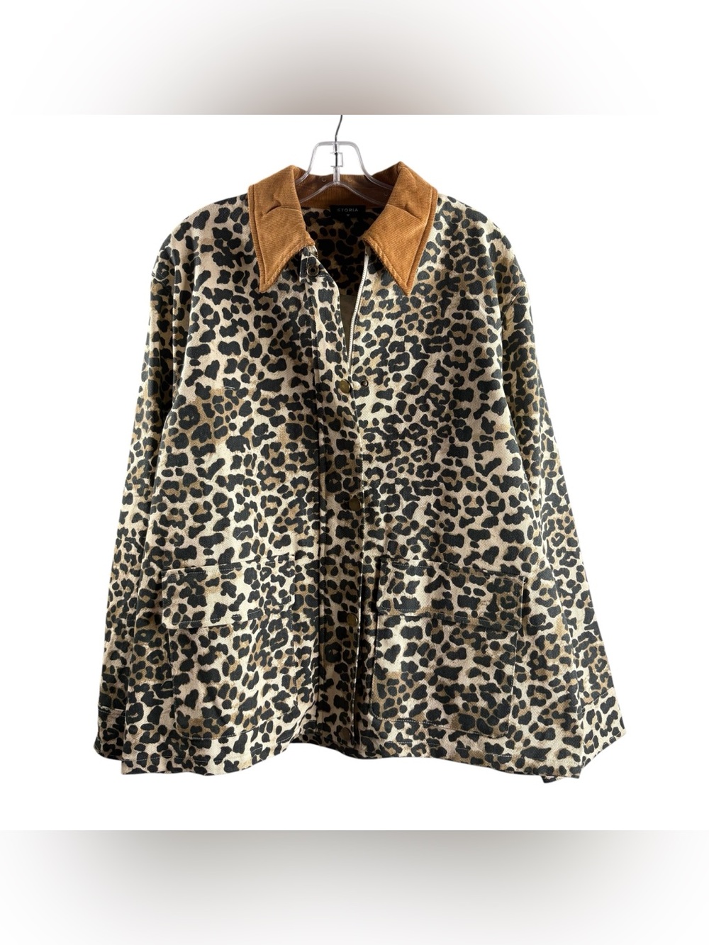 STORIA Tan Black Leopard Print Corduroy Collar Denim Jean Jacket $128